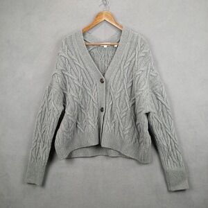 Vince Interlocking Cable Knit Cardigan Sweater Womens Large Gray Merino Wool